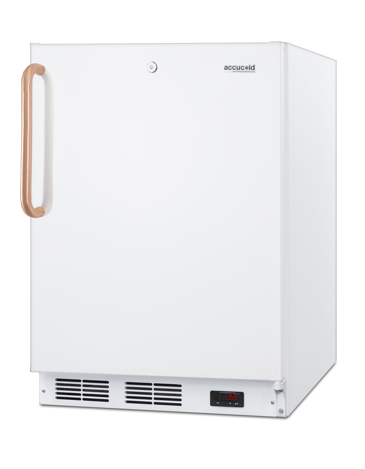 ADA compliant built-in undercounter medical all-freezer capable of -25 C operation, white with pure copper handle and front lock